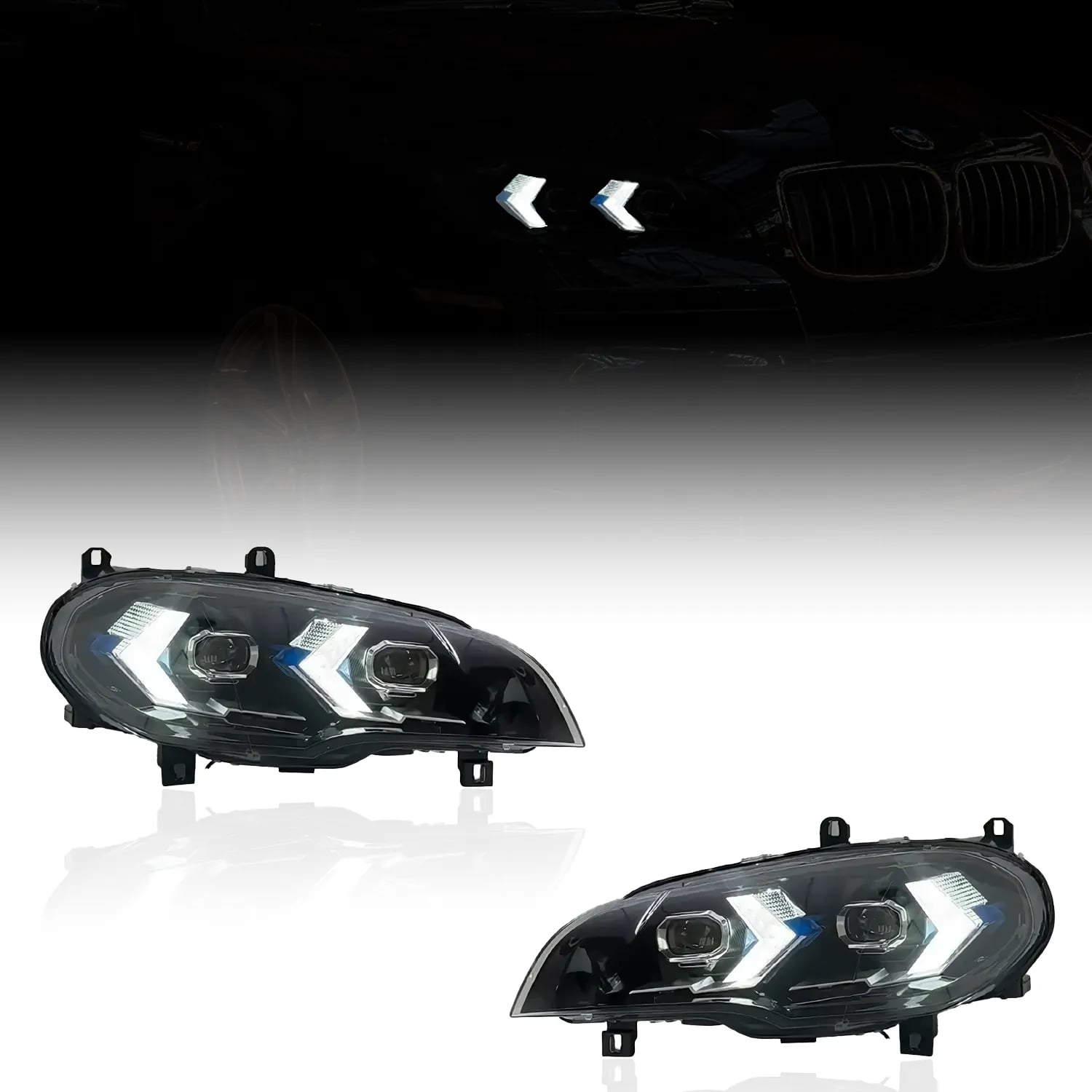 Reflektory Full LED z DRL w kształcie strzałek do BMW X5 E70 i X5 M — Halogen, ksenon i ksenon adaptacyjny — 2007–2013