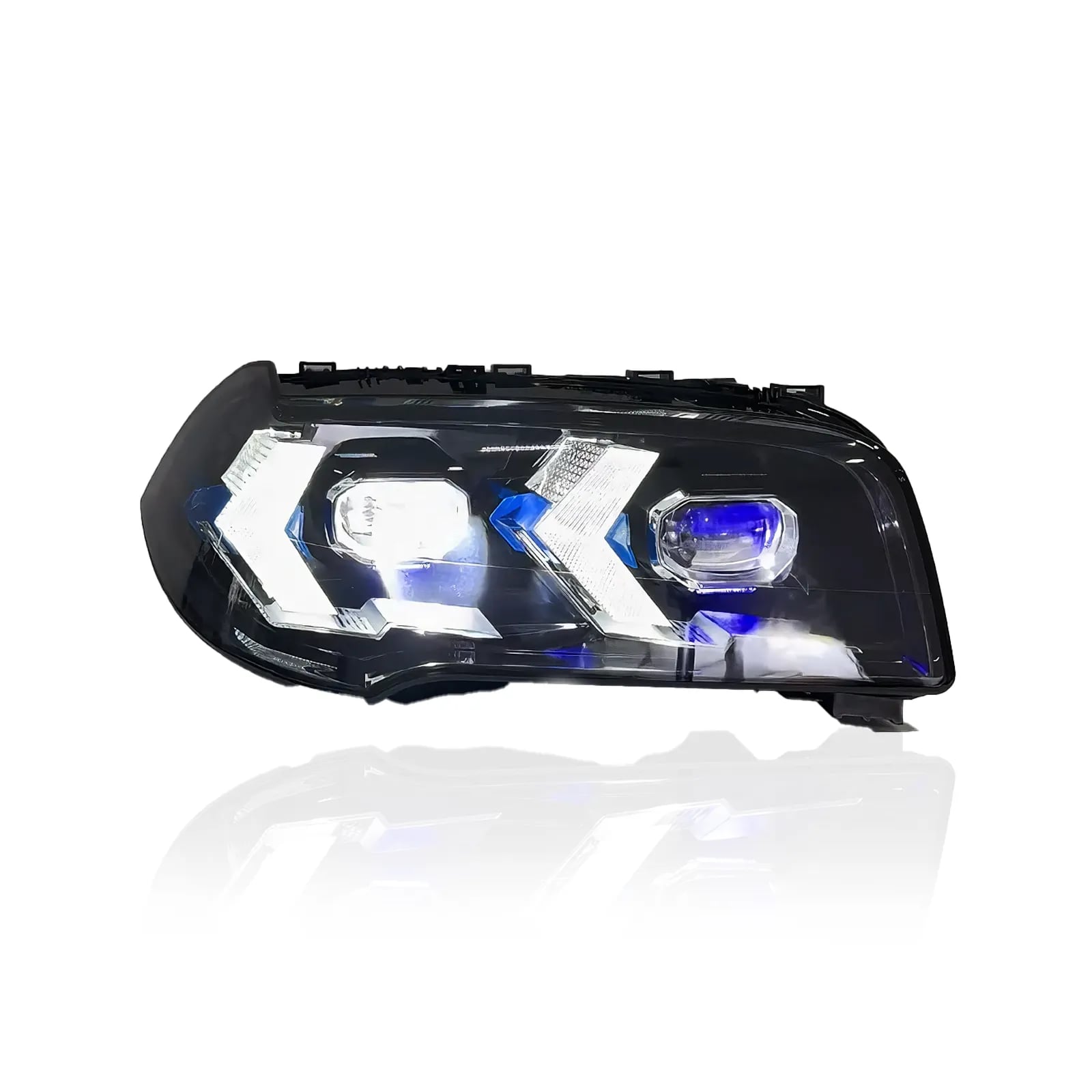 BMW X3 E83 „Snake-Eye“ täis-LED-esituled — halogeenilt ja ksenoonilt LED-tuledele — valged / kollased noolekujulised päevatuled — 2004–2010 thumbnail 5