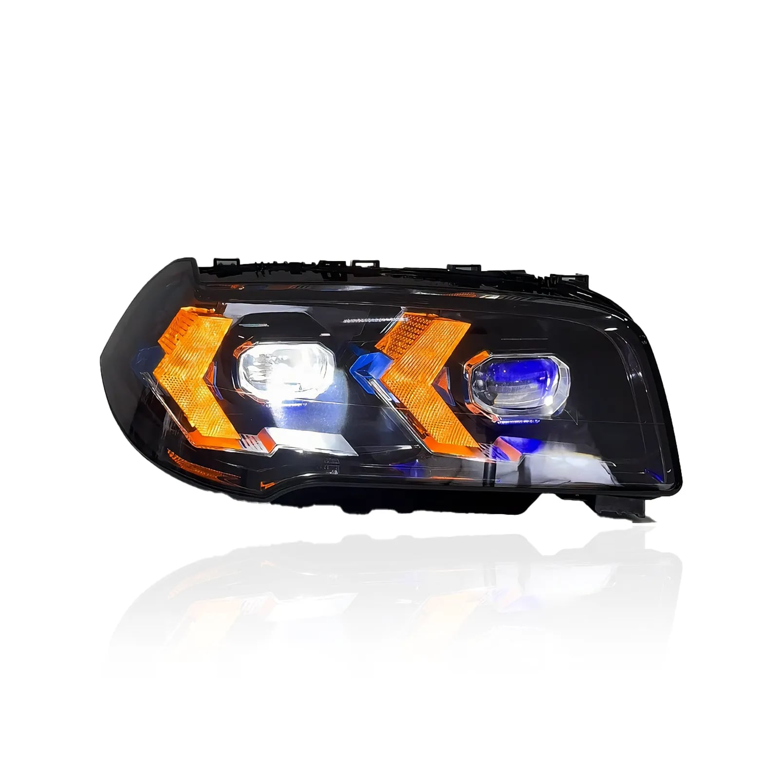 BMW X3 E83 „Snake-Eye“ täis-LED-esituled — halogeenilt ja ksenoonilt LED-tuledele — valged / kollased noolekujulised päevatuled — 2004–2010 thumbnail 4
