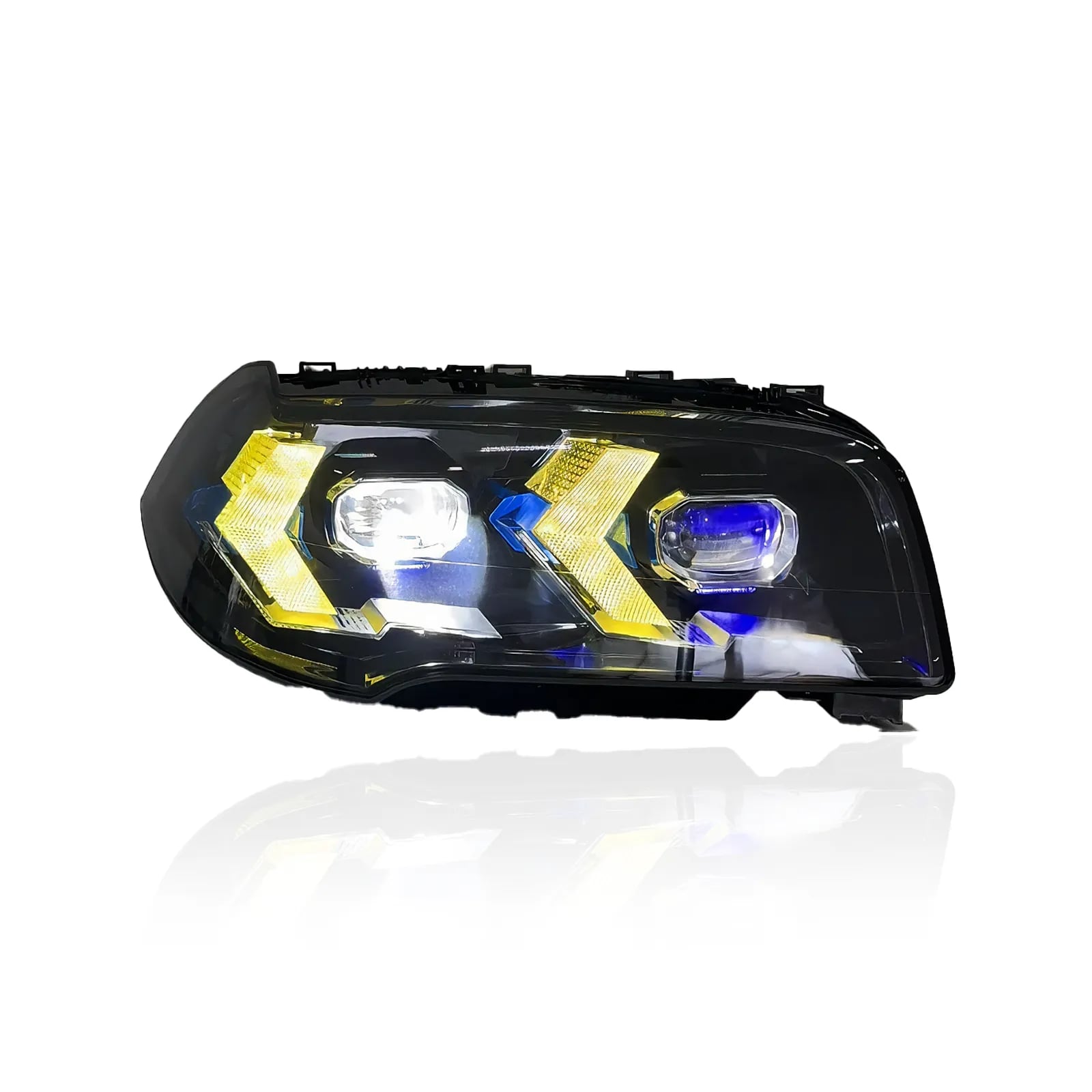 BMW X3 E83 „Snake-Eye“ täis-LED-esituled — halogeenilt ja ksenoonilt LED-tuledele — valged / kollased noolekujulised päevatuled — 2004–2010 thumbnail 3