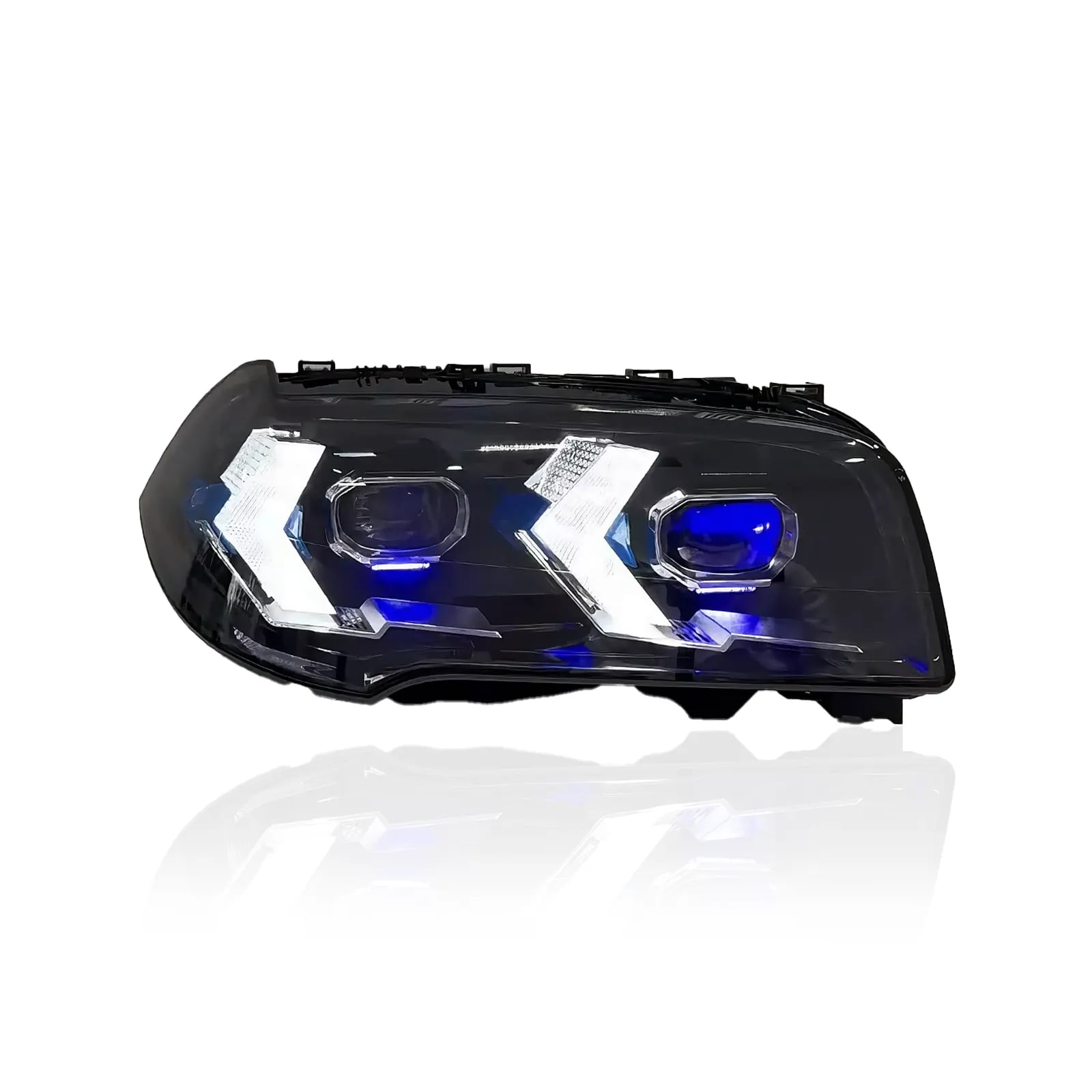 BMW X3 E83 „Snake-Eye“ täis-LED-esituled — halogeenilt ja ksenoonilt LED-tuledele — valged / kollased noolekujulised päevatuled — 2004–2010 thumbnail 6