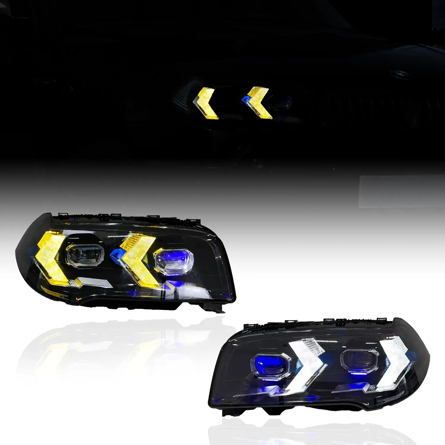 BMW X3 E83 Snake-Eye Voll-LED-Scheinwerfer — Halogen & Xenon auf LED — Pfeil-Tagfahrlicht in Weiß/Gelb — 2004–2010