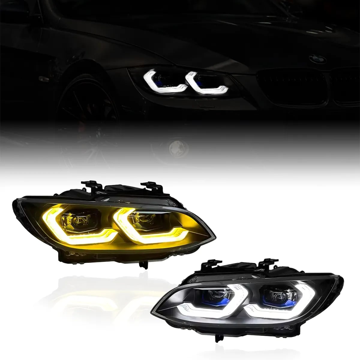 BMW E92/E93 & M3 LED Twin Projector Headlights — Switchable White/Yellow DRL — Pre-LCI & LCI (2007–2013)
