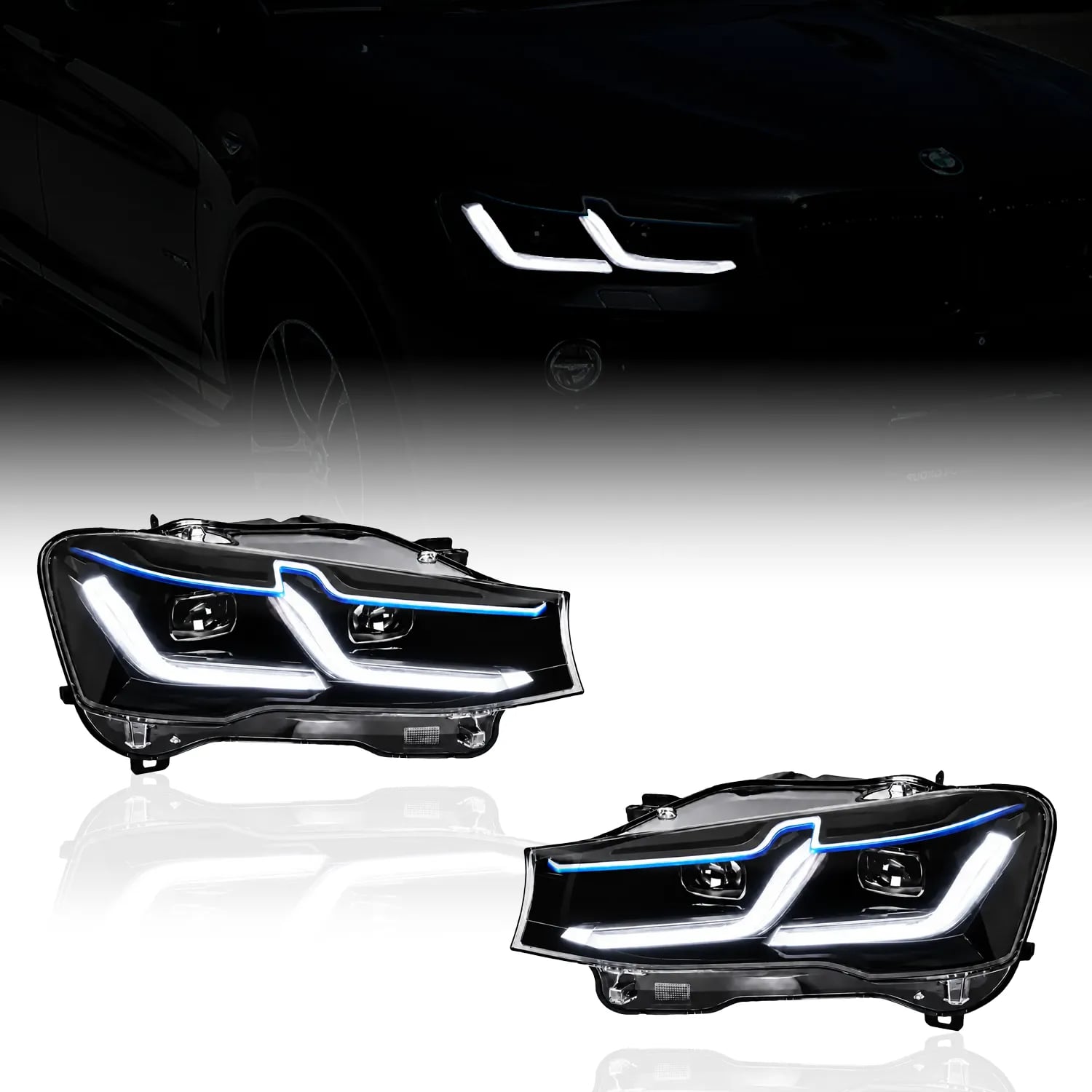 Reflektory LED Laser-Look BMW X3 F25 i X4 F26 — DRL w kształcie litery L, niebieski akcent — Obudowa LCI, ksenon — 2010–2018