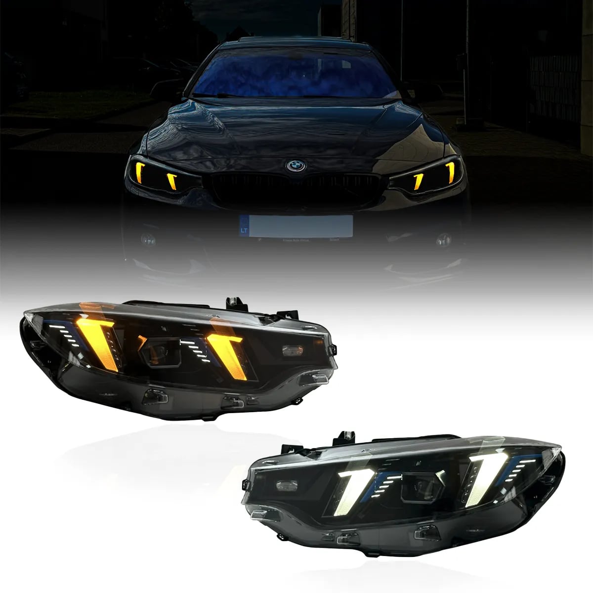BMW (F32/F33/F36) ir M3 (F80) / M4 (F82/F83) „Arrow-DRL“ LED priekiniai žibintai — Balti/Geltoni DRL — 2013–2020
