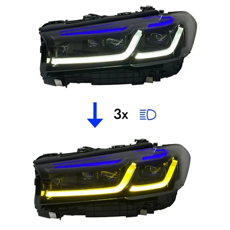 BMW 5 Series (G30) Laser-Look Headlights — LCI Style — CSL Yellow/White DRL — Pre-LCI & LCI 2018–2023 thumbnail 9