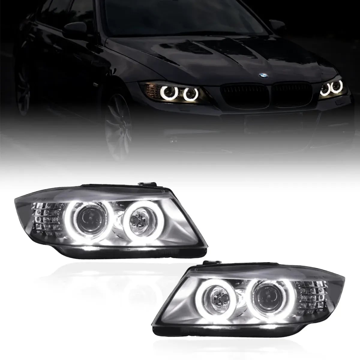 BMW 3. sērijas (E90) „Angel Eyes“ LED lēcu lukturi — Pre-LCI un LCI (2005–2012)