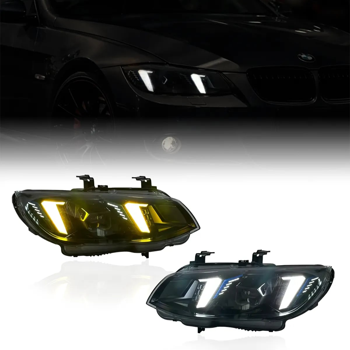 BMW E92 Coupe un E92 M3 agresīvi Black Housing LED lukturi — Arrow-DRL 2010–2013