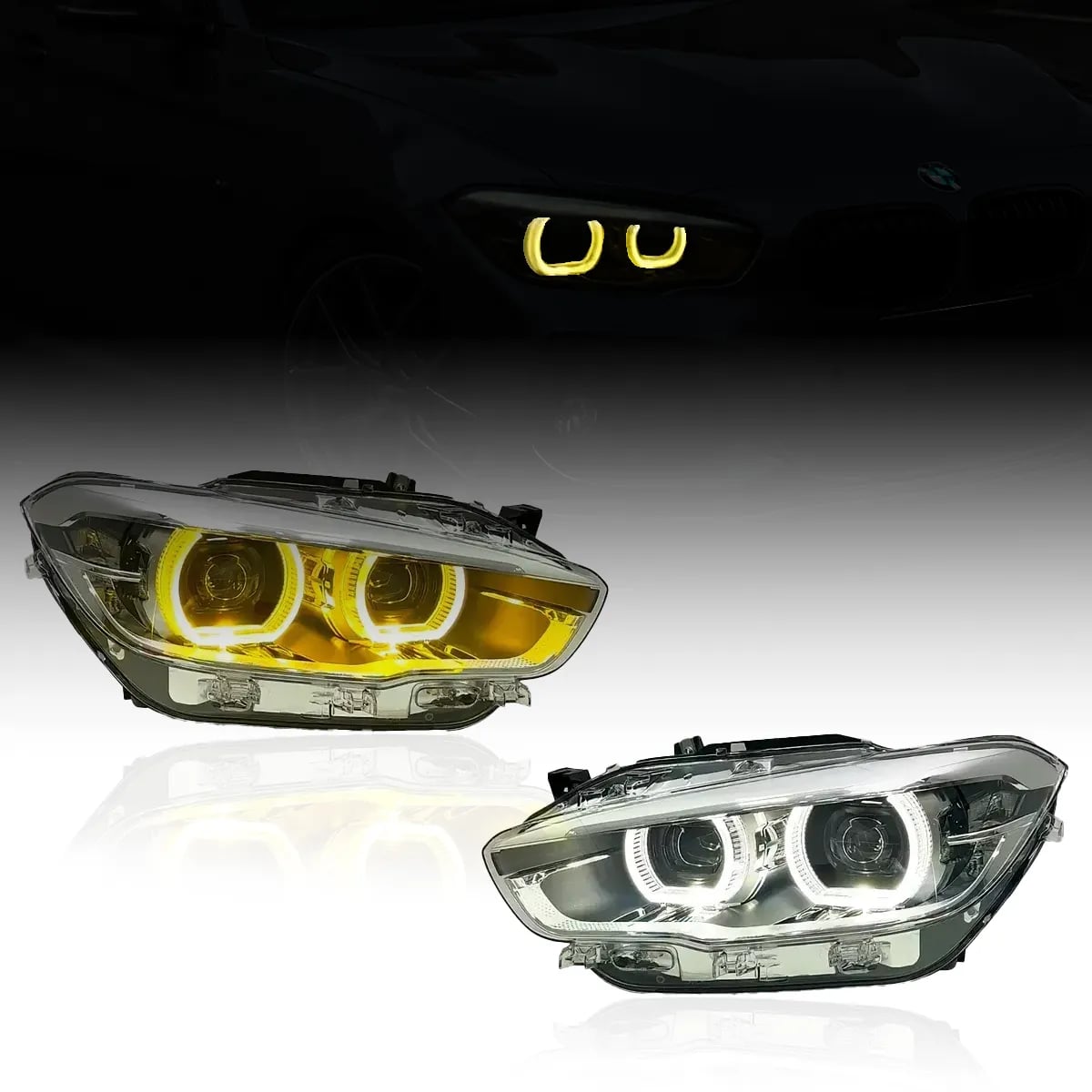 BMW 1 Serijos (F20/F21) „Full LED“ žibintai (OEM stiliaus) — balti/oranžiniai DRL — LCI 2015–2019