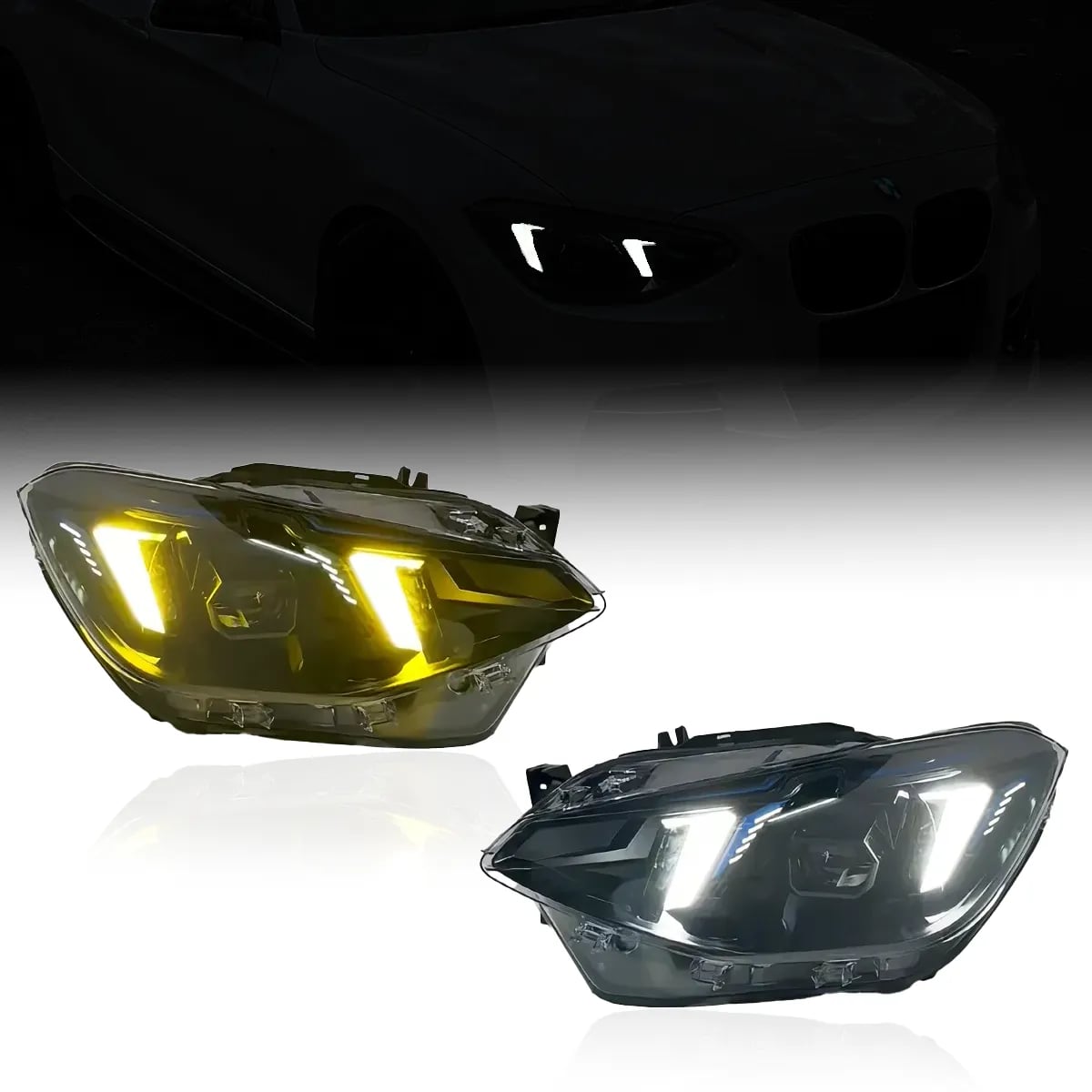BMW 1 serijos (F20/F21) „Arrow-DRL“ LED žibintai — Perjungiami balti/geltoni dienos žibintai — Pre-LCI 2011–2015