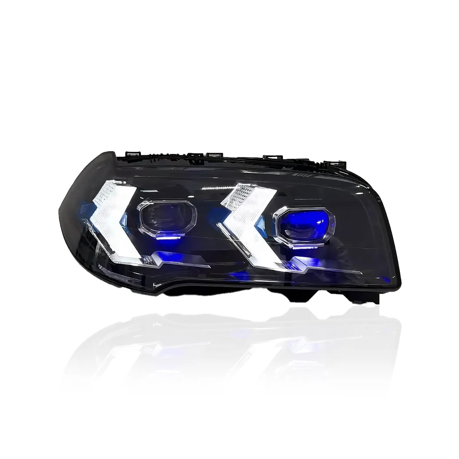 BMW X3 E83 „Snake-Eye“ täis-LED-esituled — halogeenilt ja ksenoonilt LED-tuledele — valged / koll...