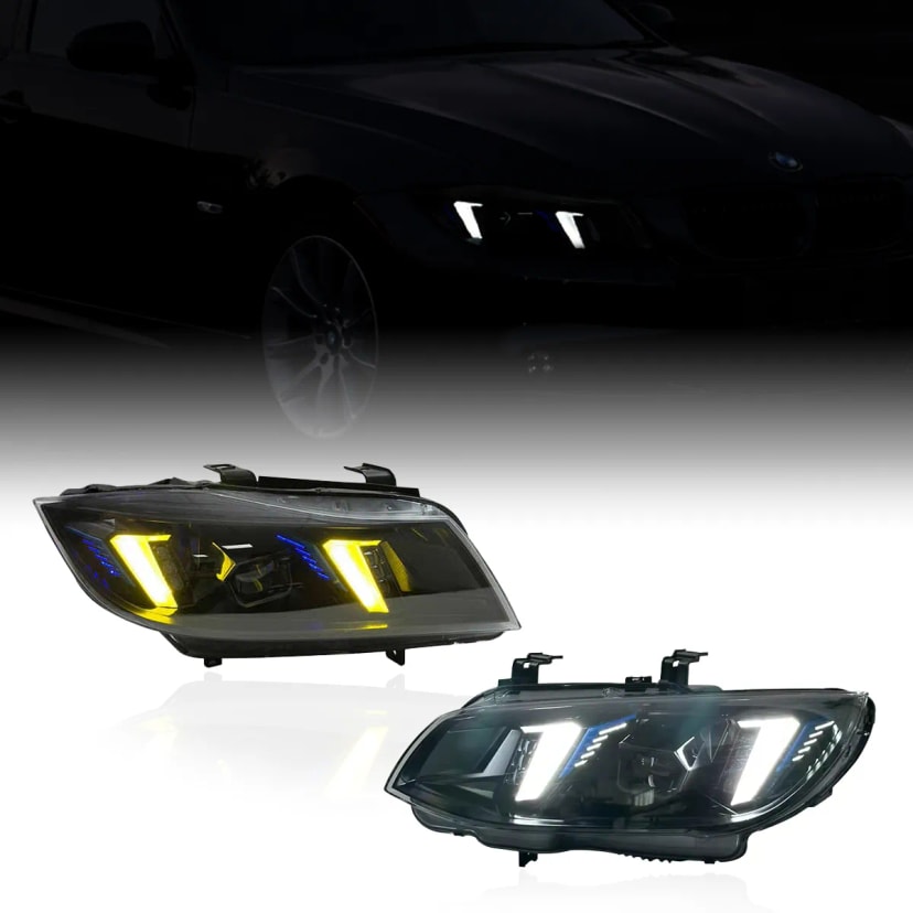 BMW E90 LED žibintai — tamsintas juodas korpusas, agresyvus stilius (Pre-LCI ir LCI) 2005–2012