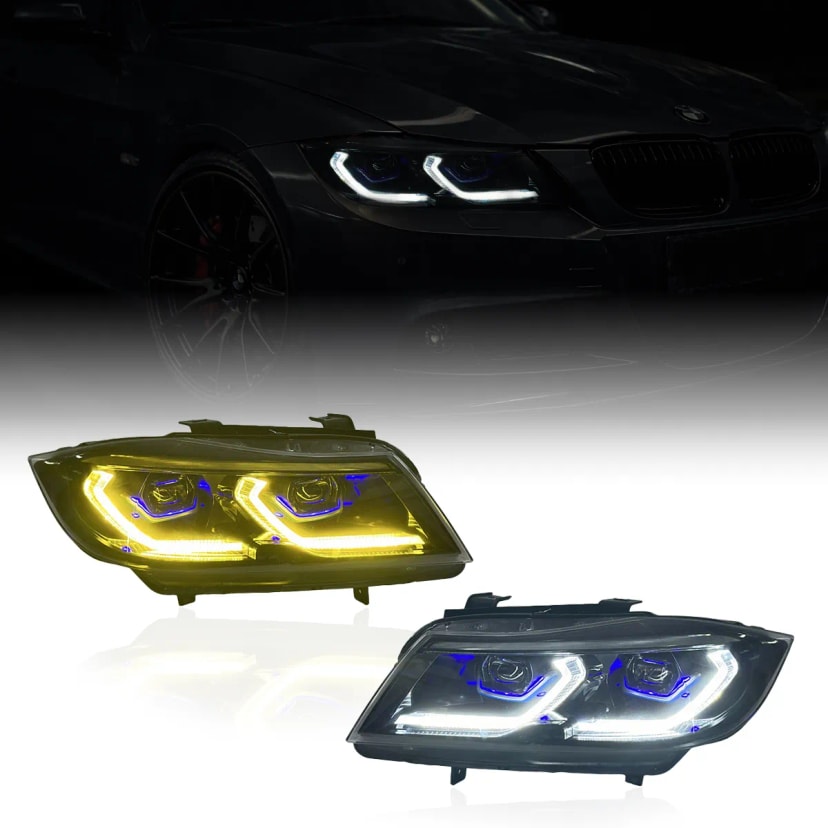 BMW E90 LED dvigubų projektorių žibintai — perjungiami balti/geltoni DRL — Pre-LCI ir LCI (2005–2012)