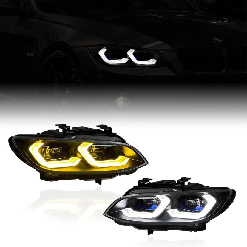 BMW E92/E93 ir M3 LED dvigubų projektorių žibintai — perjungiami balti/geltoni DRL — Pre-LCI ir LCI (2007–2013)