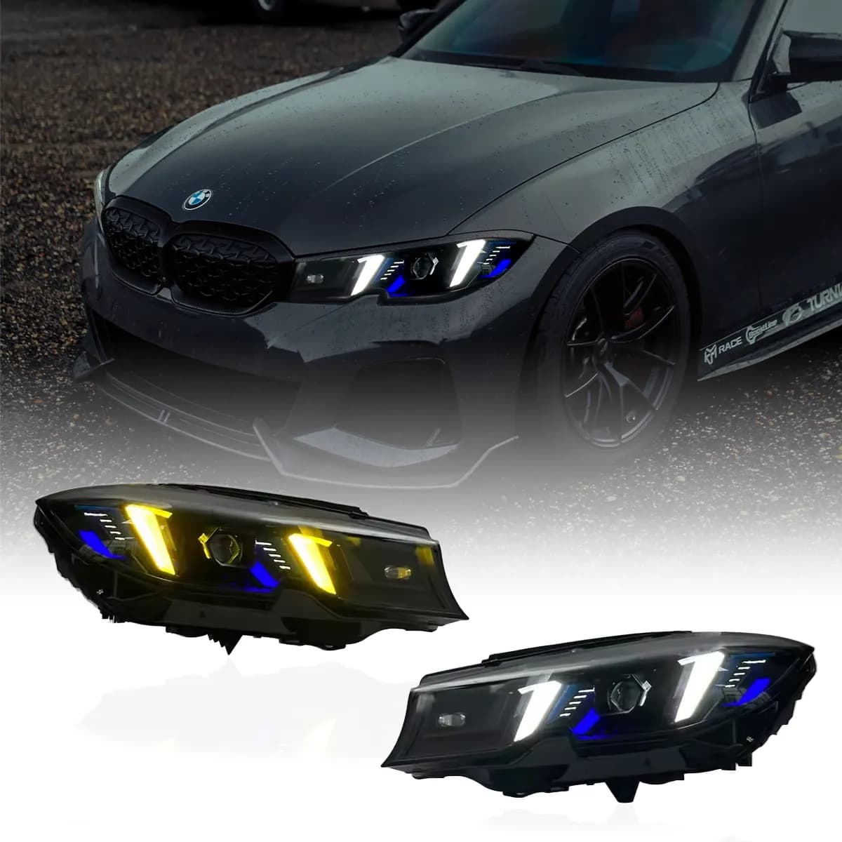BMW G20/G21 Arrow-DRL LED Headlights — CSL Yellow/White DRL — 2019–2022 (LHD)