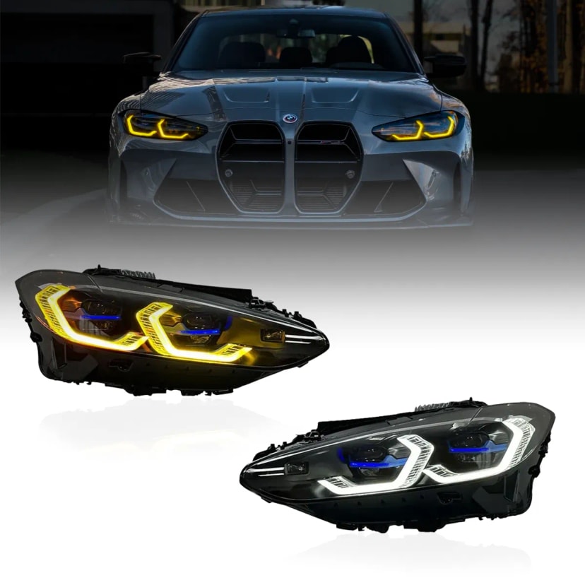 BMW 4 Series (G22) & M4 (G82) CSL Headlights — Yellow/White DRL — Fits Standard LED, Laserlight & LCI Arrow DRL 2021-2025