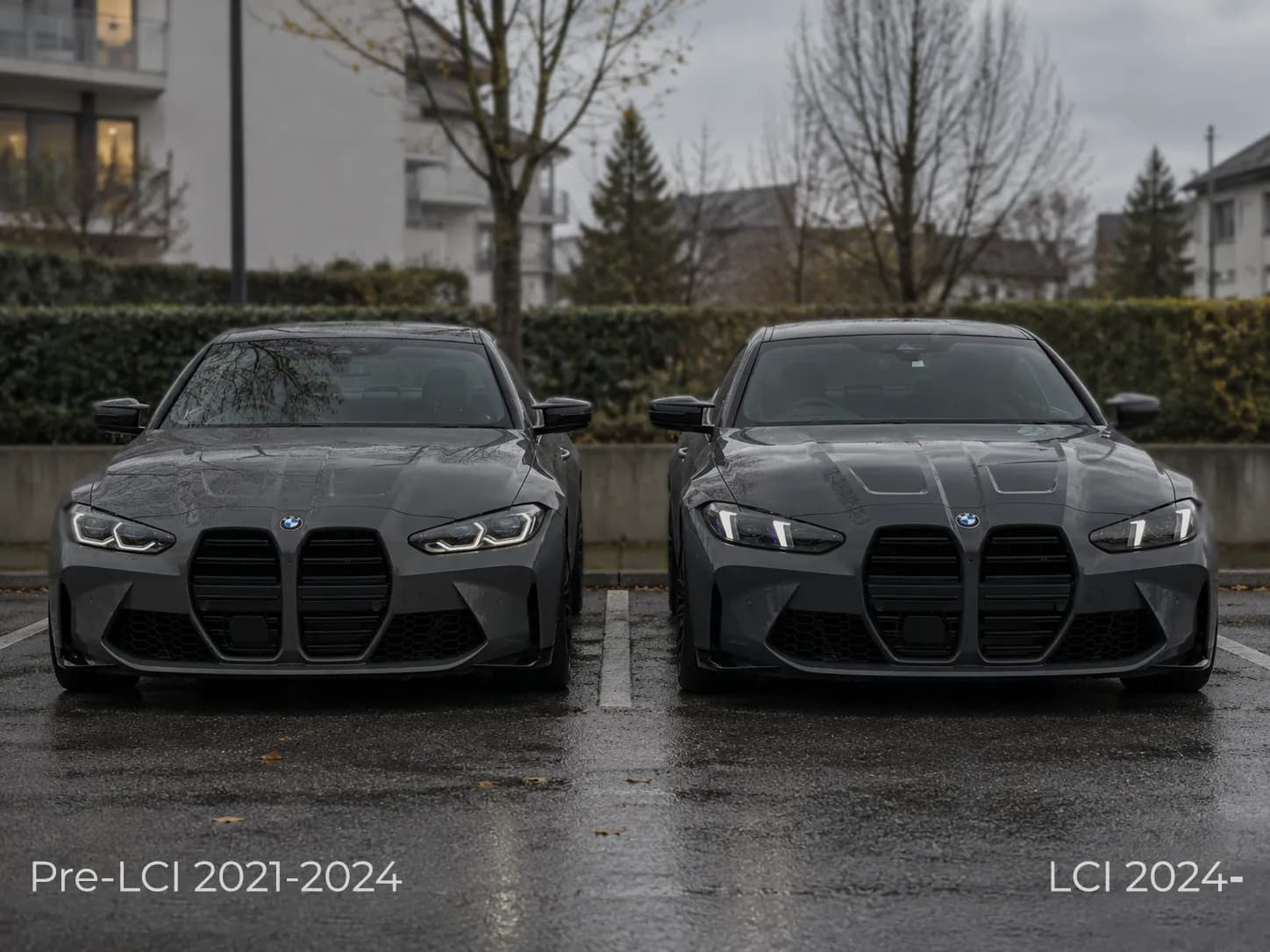 BMW G82 M4 with CSL-Style Arrow-DRL headlights in white DRL mode — front quarter view