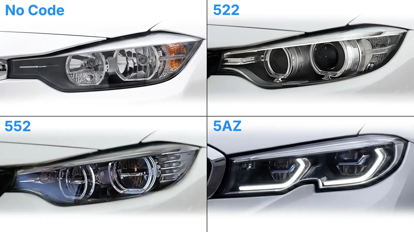 Neli BMW esitulede tüüpi kõrvuti — halogeen-, ksenoon-, adaptiivsed LED- ja BMW Laserlight-esituled — koos lisavarustuse koodidega