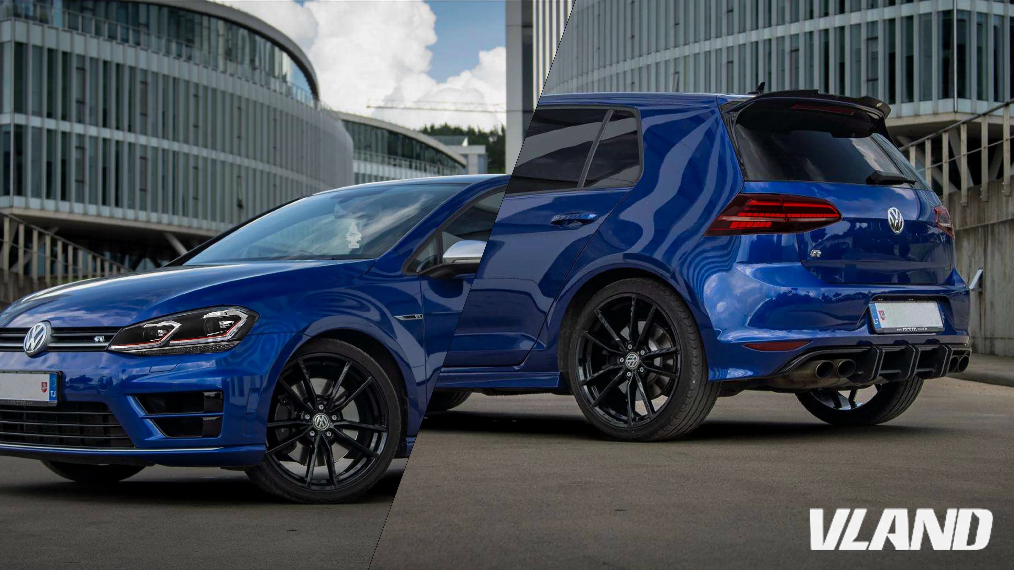 VLAND Golf Mk7 lights — hero graphic highlighting projector headlights and full-LED taillights
