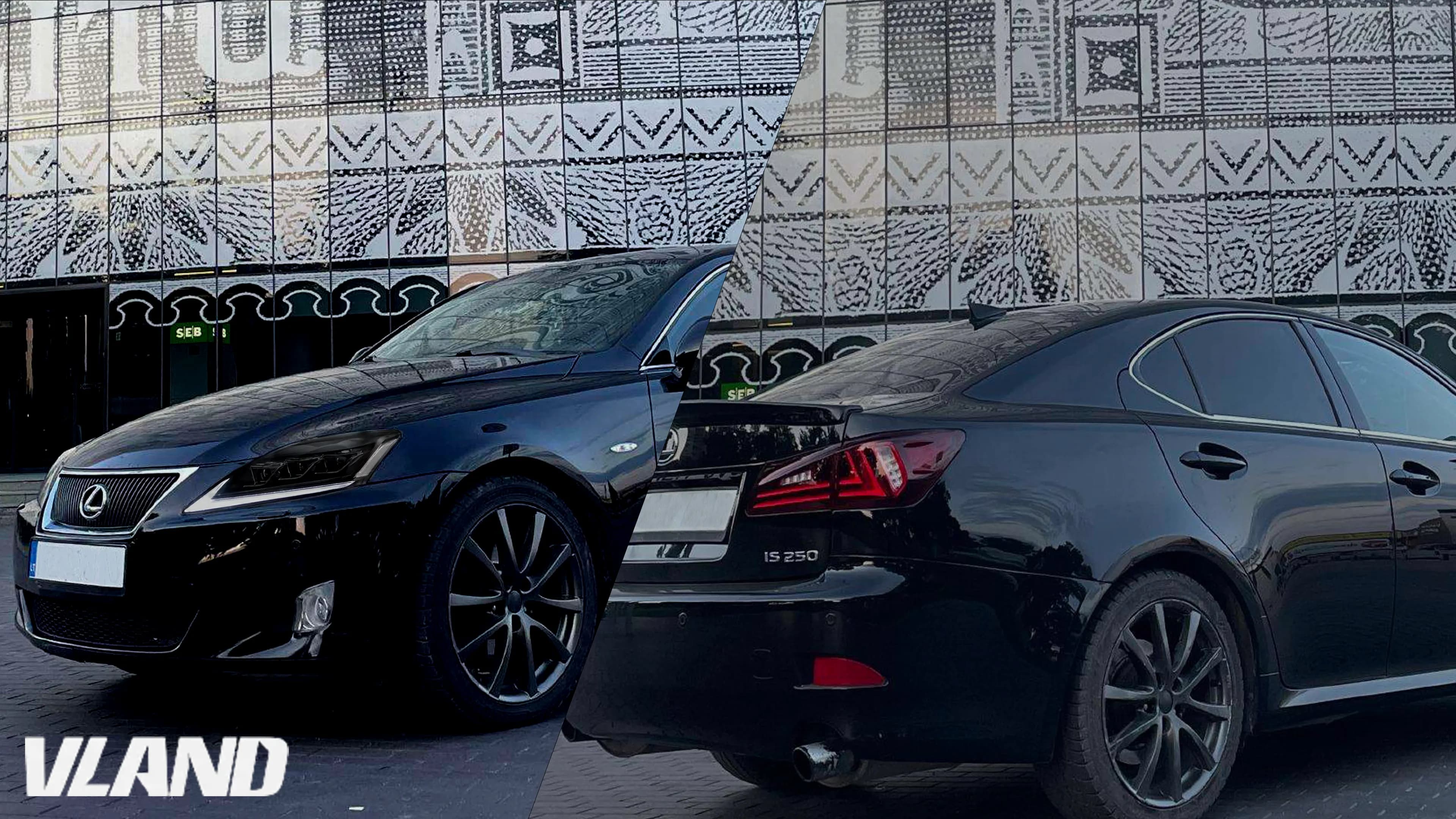 VLAND Lexus IS (XE20) headlights and taillights — hero montage with DRL, projector and LED bar details