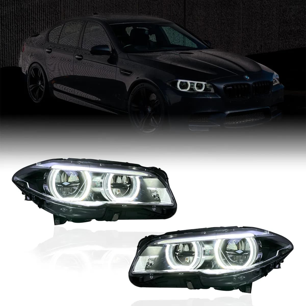 BMW 5er F10 mit OEM+ Full-LED-Scheinwerfer-Upgrade – moderne LED-Tagfahrlichtsignatur ersetzt die ursprünglichen Corona-Ringe