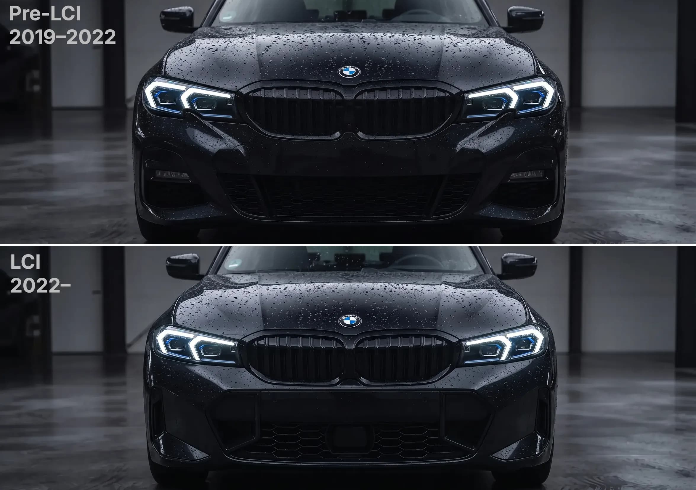 BMW G20 with LCI-Style headlights on the pre-LCI 2019–2022 bumper (top) and on the LCI 2022+ bumper (bottom)