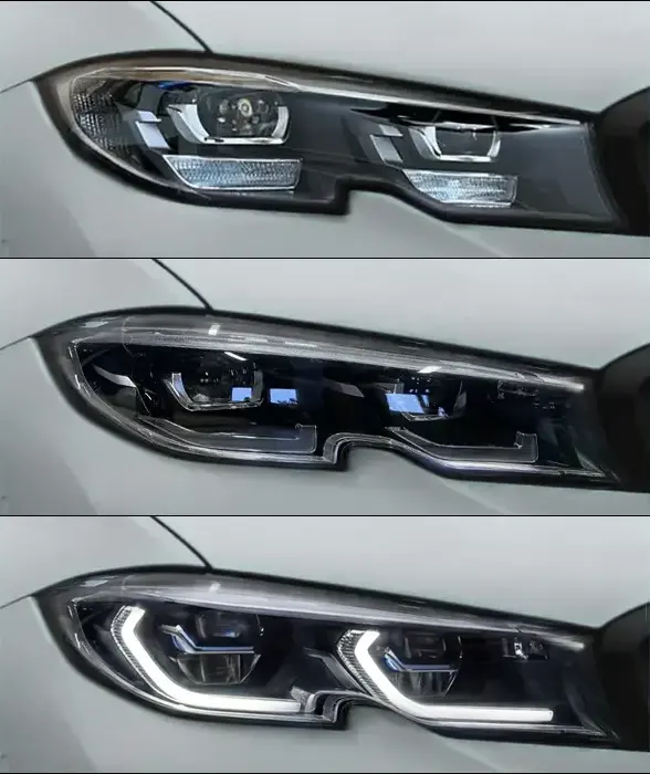 Side-by-side identification of BMW G20 headlight types — Laserlight 5AZ with blue accents versus Adaptive LED 552 versus Standard LED 5A2