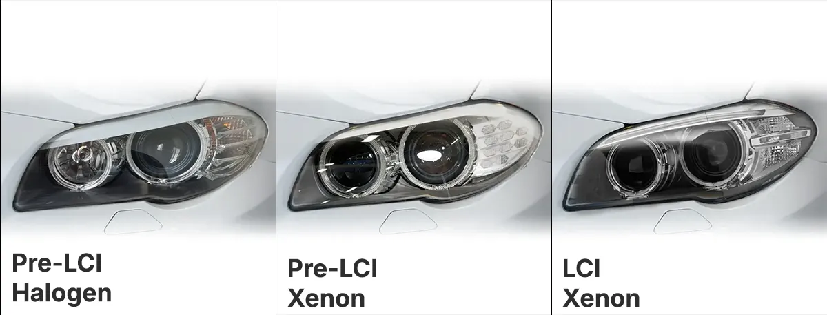 BMW F10 esitulede variantide tuvastamine — pre-LCI halogeen, pre-LCI ksenoon ja LCI ksenoon