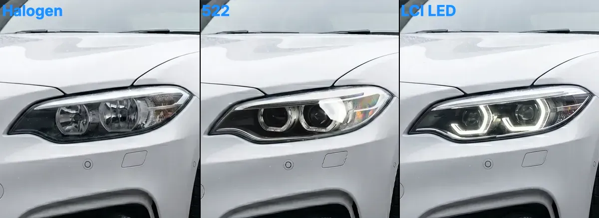 Identificación de faros del BMW Serie 2 F22 —halógenos con reflectores redondos frente a xenón con aros angel eyes y LED LCI hexagonales—