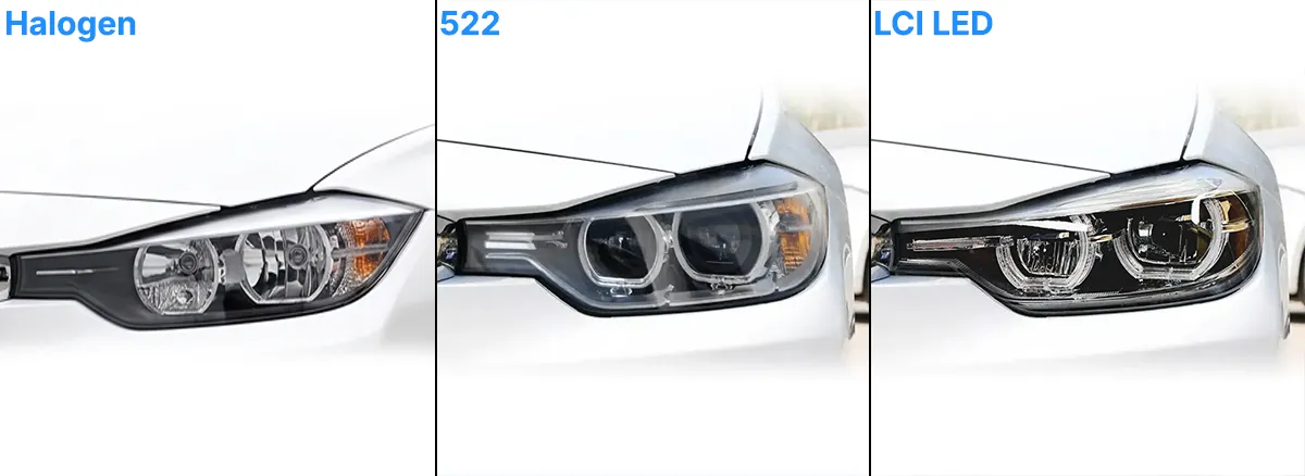 Identificación de faros del BMW Serie 3 F30 —halógenos y xenón pre-LCI frente a LED LCI con guías de luz hexagonales—