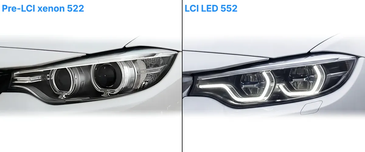 Identificación de faros del BMW Serie 4 F32 —angel eyes de xenón pre-LCI frente a guías de luz hexagonales Icon Adaptive LED LCI—