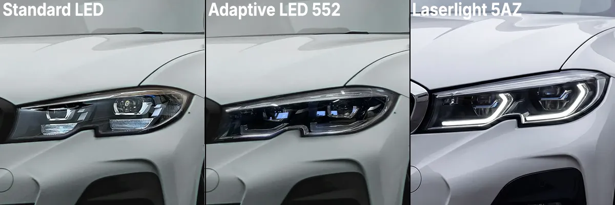 Identificación de faros del BMW Serie 3 G20 —LED de serie frente a LED adaptativos y BMW Laserlight con insertos azules e inscripción BMW Laser—