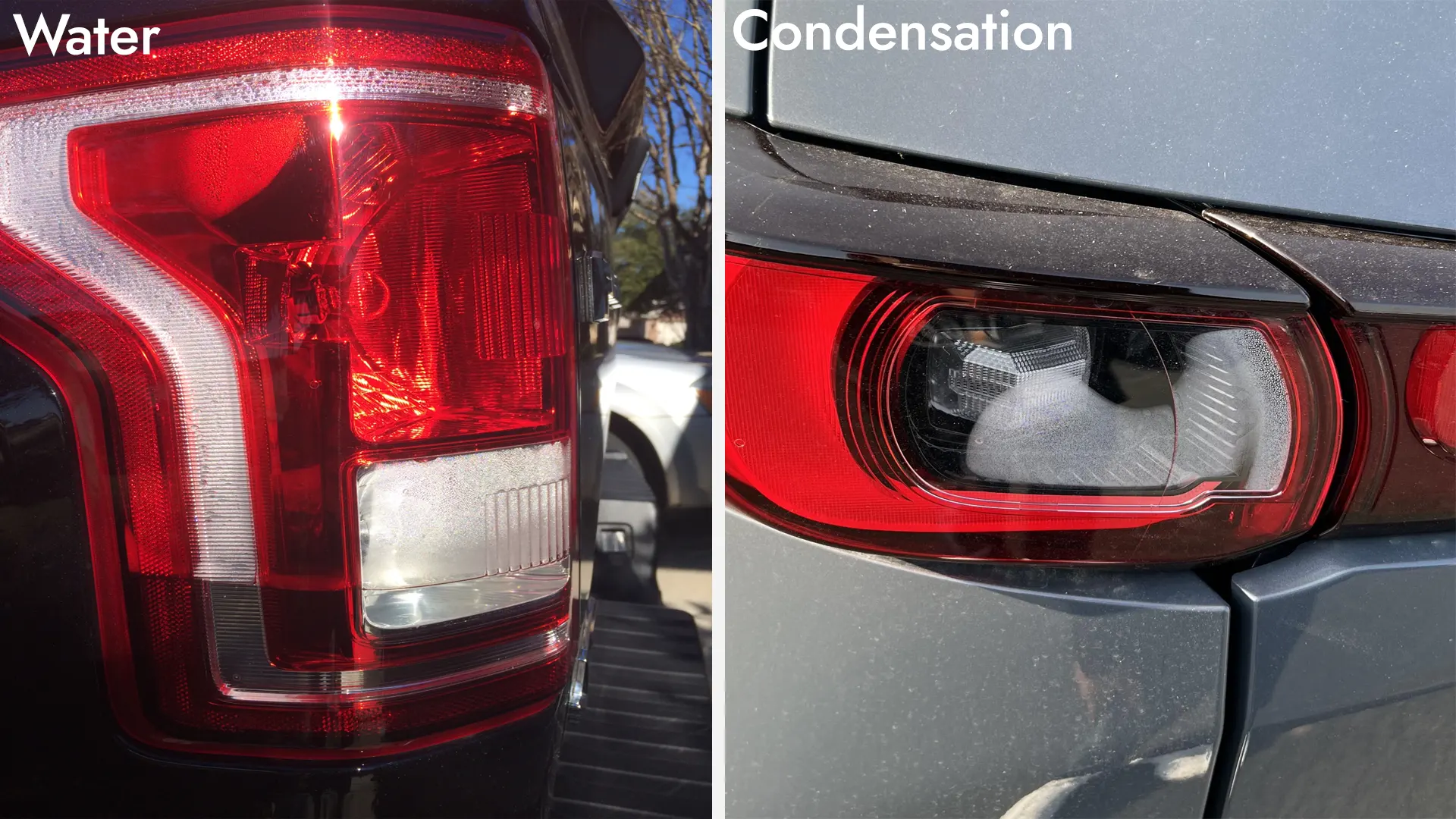 Side-by-side comparison — light condensation that clears versus persistent moisture pooling inside a headlamp