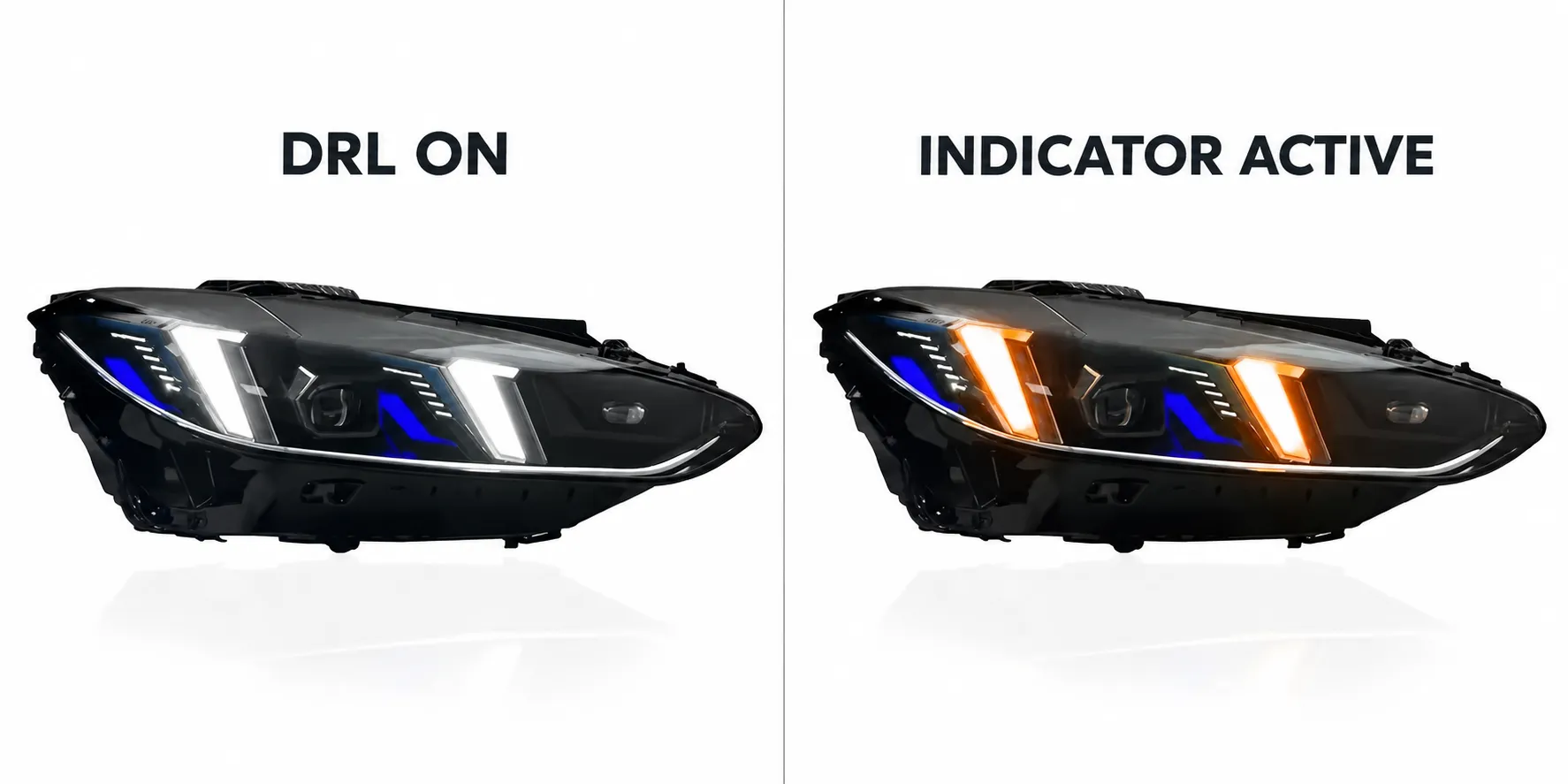 Reciprocally incorporated DRL and indicator on an LED headlight — left: DRL bar fully lit; right: DRL segment switched off while the sequential amber indicator runs