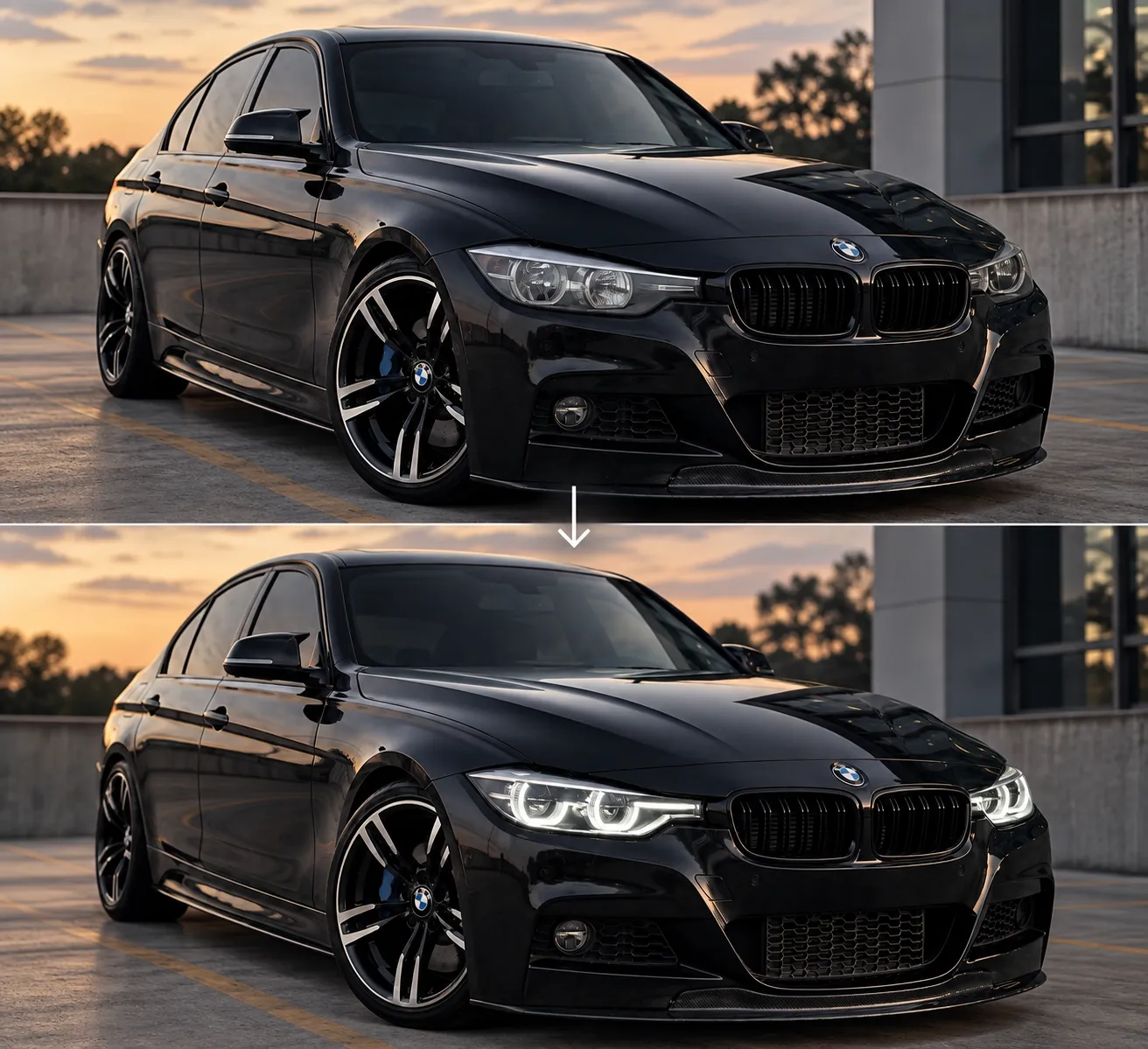 Derselbe BMW F30 vorher und nachher – oben werkseitige Halogenscheinwerfer, unten CSL Icon-Style LED-Scheinwerfer