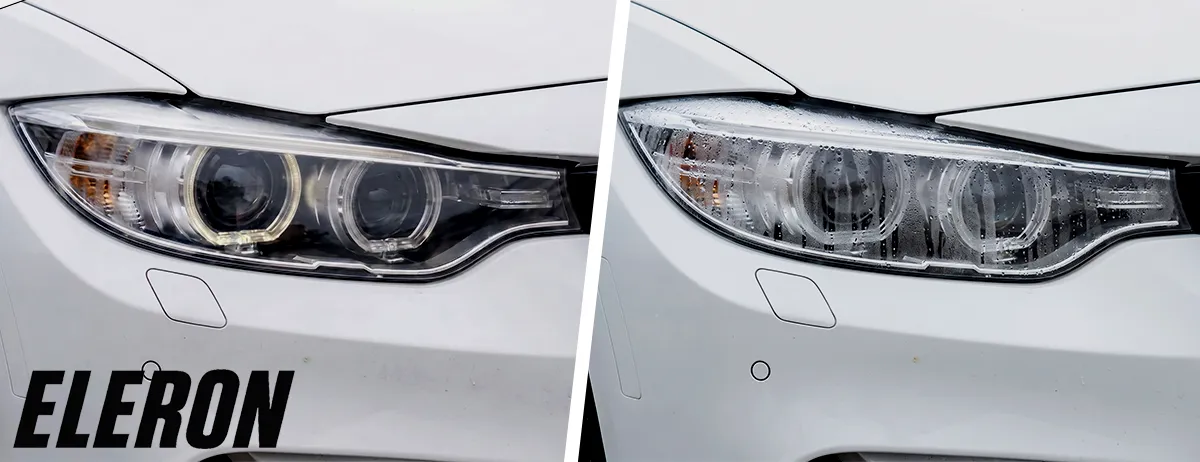 Common BMW F32 headlight problems — one dead yellowed angel-eye DRL ring and condensation inside the housing