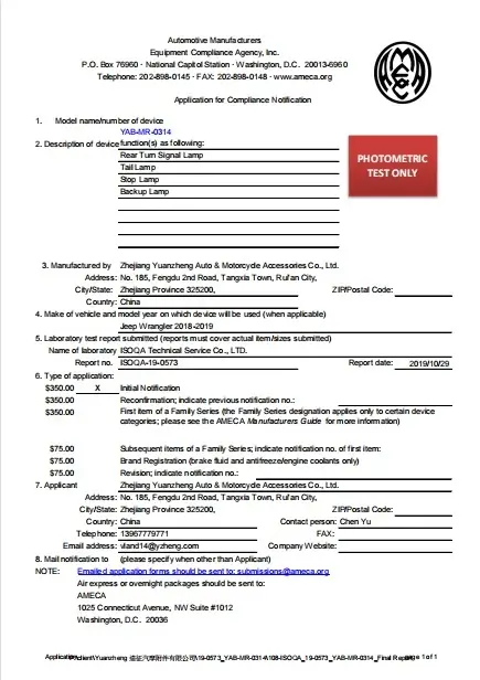 Certyfikat zgodności DOT dla oświetlenia