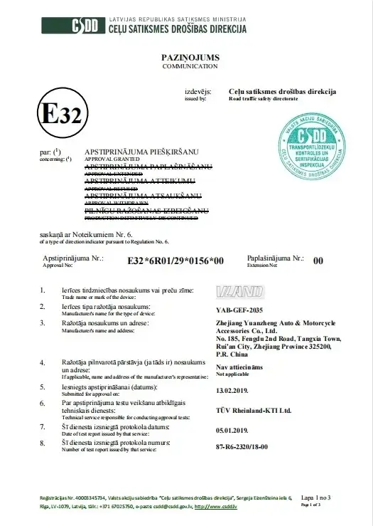 Certyfikat homologacji ECE E-mark