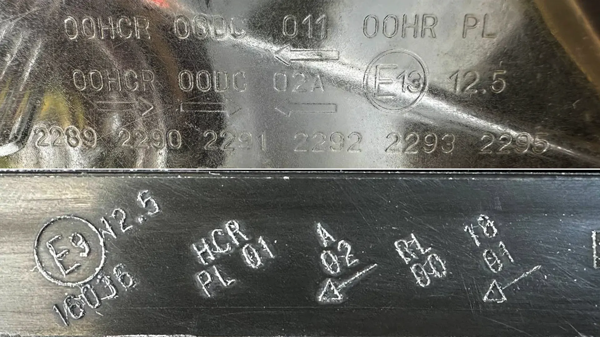 E-mark and function codes on tail lamp lens — annotated close-up