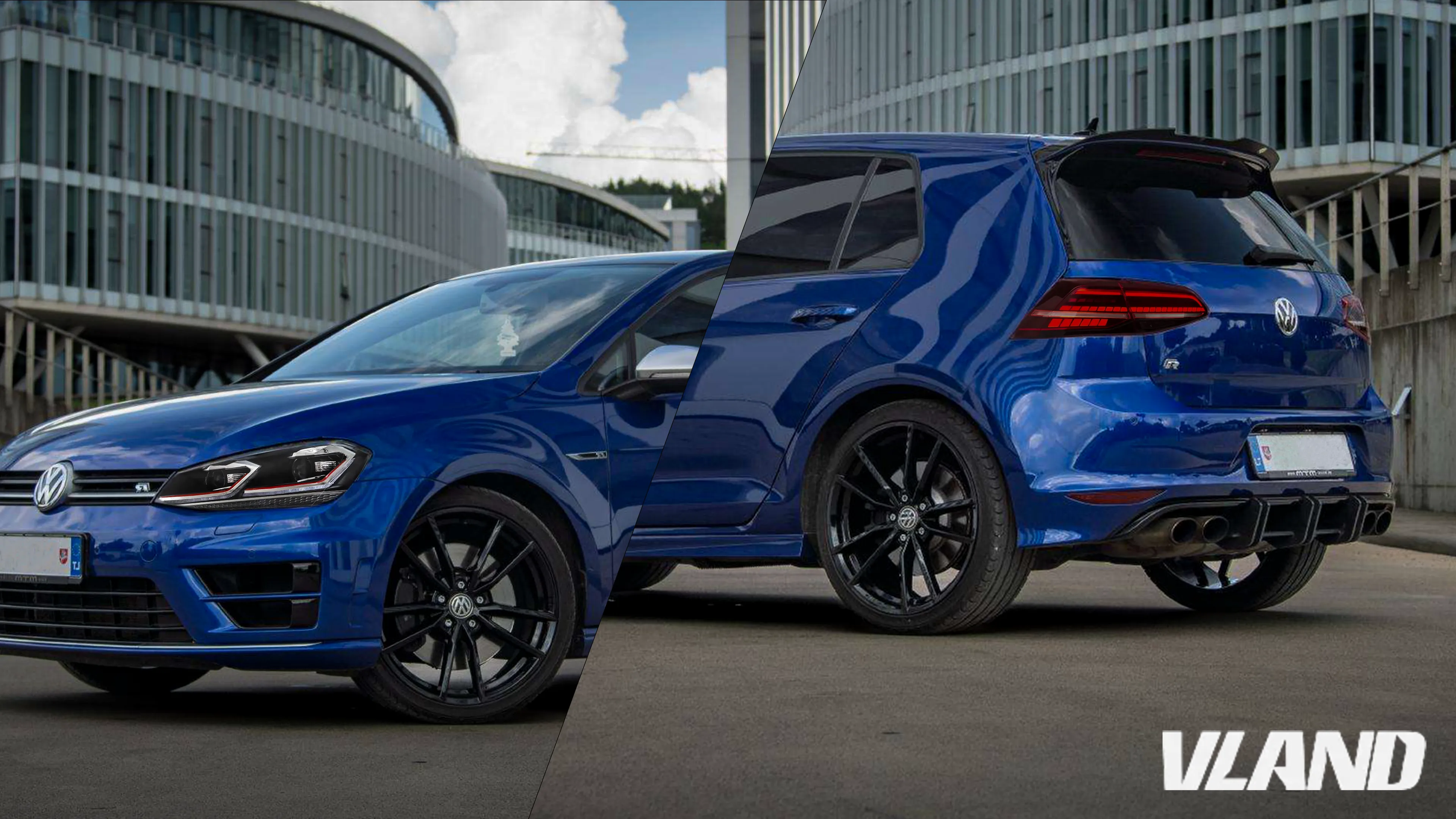 VLAND Golf Mk7 lights — hero graphic highlighting projector headlights and full-LED taillights