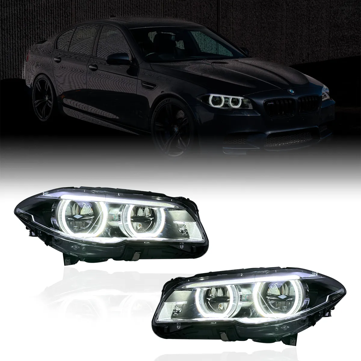 BMW 5. seeria F10 OEM+ Full LED-esituledega — moodne LED-päevatule valgussignatuur asendab originaalsed valgusrõngad