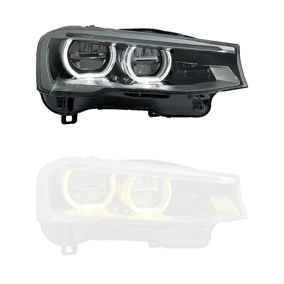 BMW X3 F25 Icon stila LED lukturis ar baltām DRL — rūpnīcas LED lukturu izskats