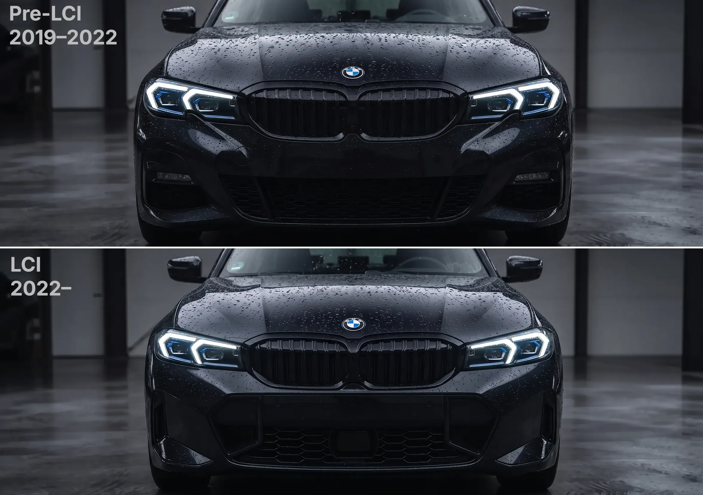 Comparaison des phares BMW G20 Pré-LCI et LCI — face avant 2019–2022 en haut et style restylé 2022+ en bas