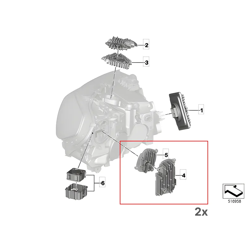 BMW X3 G01 LCI headlight parts diagram showing the two DRL module locations